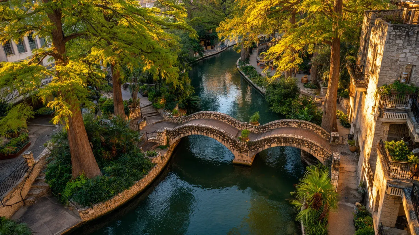The San Antonio River Walk at golden hour. Illustration.