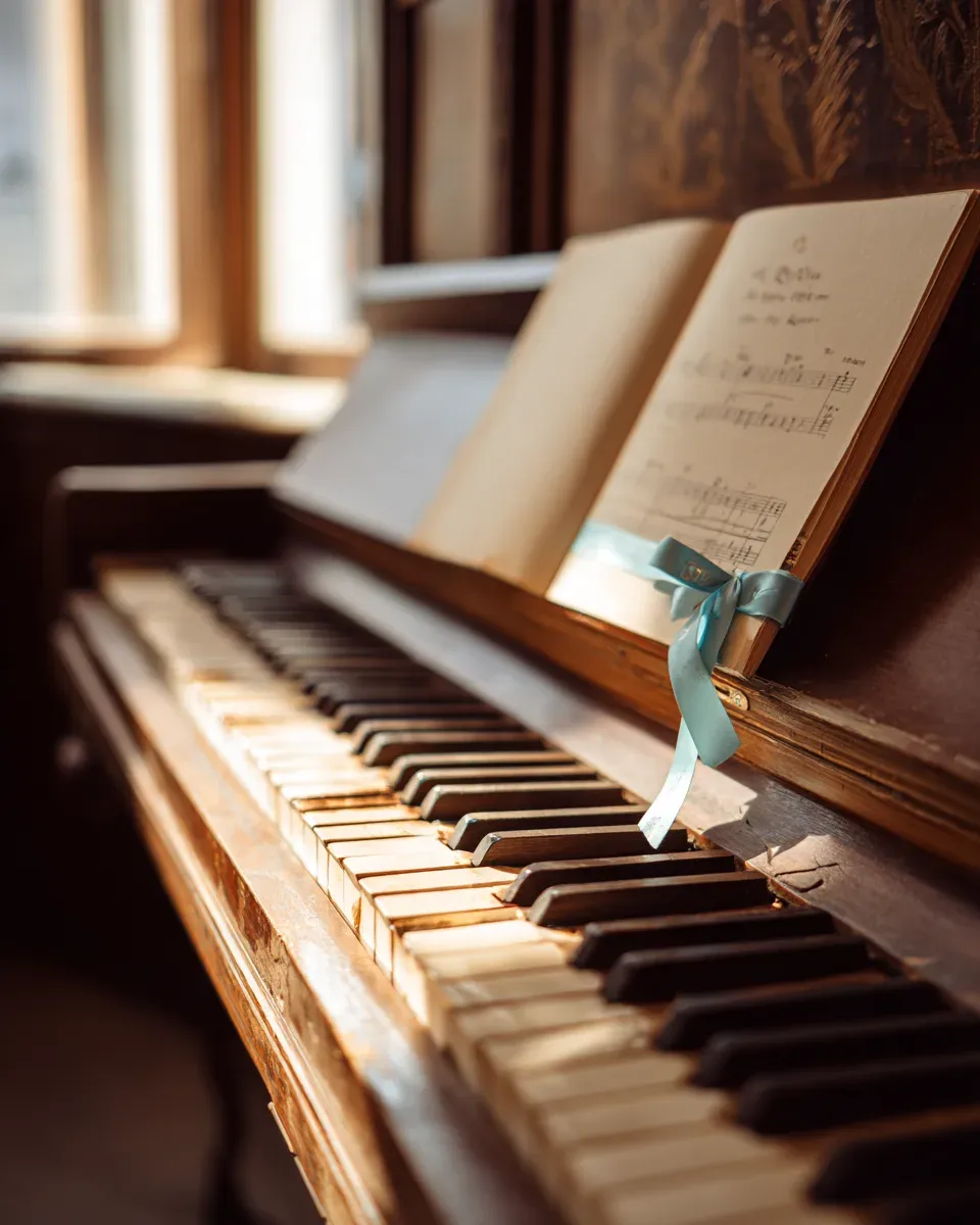 An upright piano beside a window, a folded recital program on the music stand. Illustration.