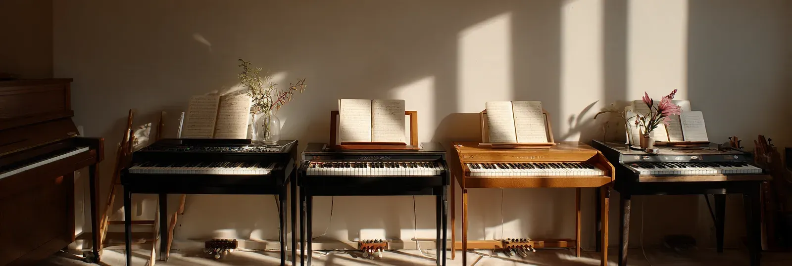 A row of keyboards on stands in a sunlit practice room. Illustration.