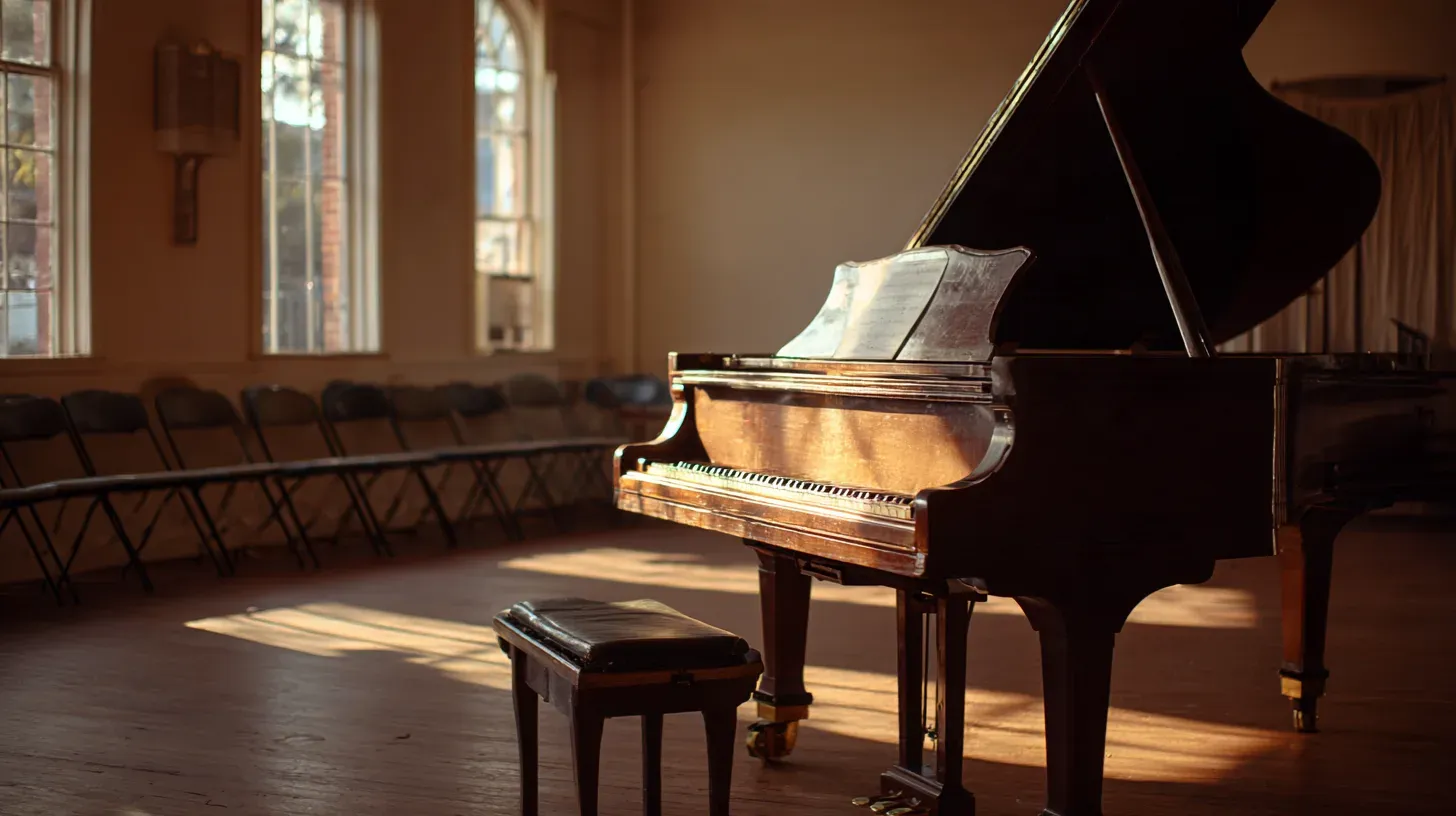 An empty grand piano and a row of folding chairs in a community hall. Illustration.